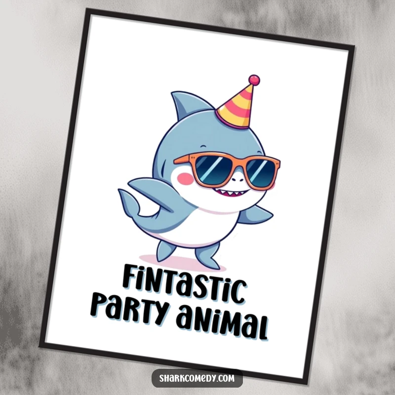 Funny Free Printable Wall Art: A shark wearing oversized sunglasses and a tiny party hat, captured mid-dance move with infectious energy.