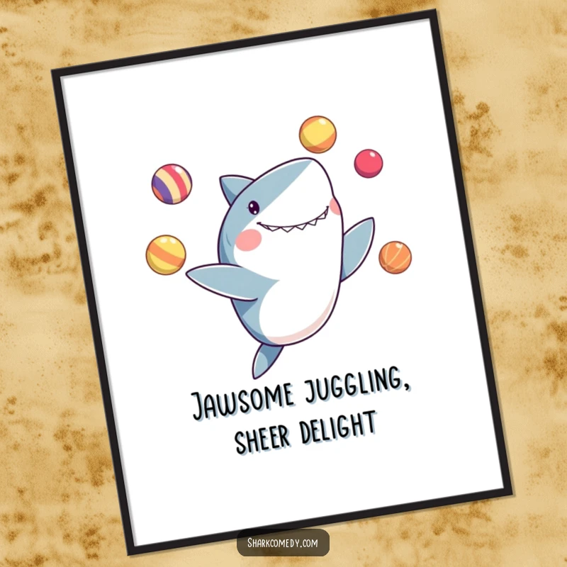 Funny Free Printable Wall Art: A shark with a look of pure delight, skillfully juggling colorful balls with its fins. Awesome downloadable art.