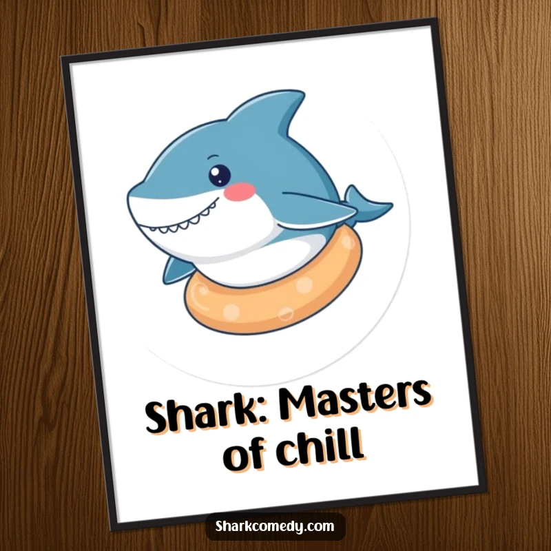 Funny Free Printable Wall Art featuring a kawaii shark completely relaxed on a rubber ring, bringing a sense of calm and humor.