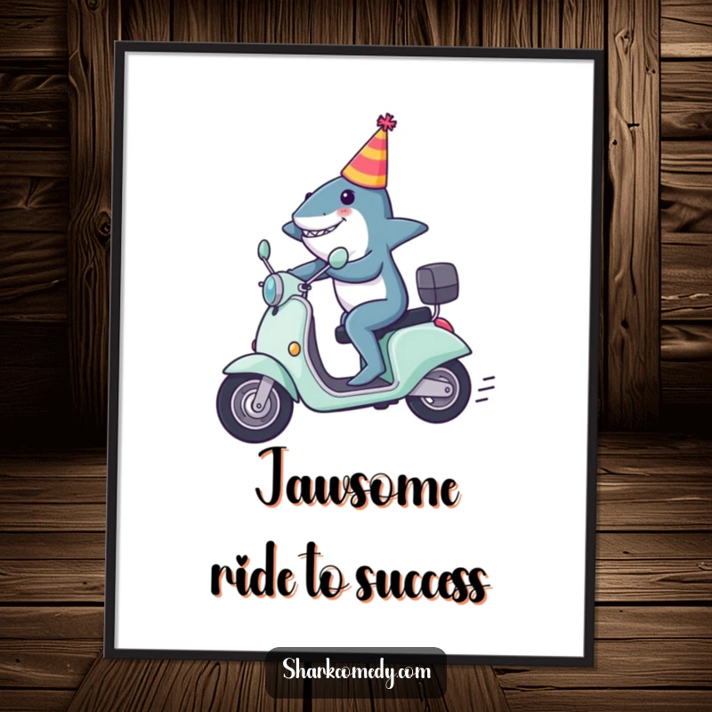 Funny Free Printable Wall Art: A shark in a tiny party hat zooming on a scooter, creating humorous downloadable decor.