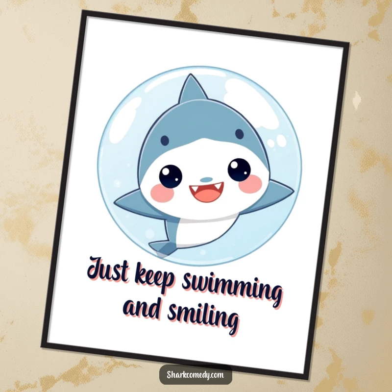 Funny Free Printable Wall Art: An adorable kawaii shark peeking from behind a giant, transparent bubble, ready to hang.