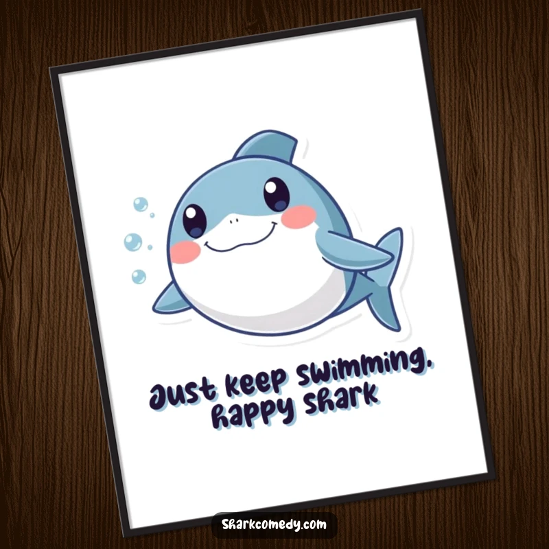 Funny Free Printable Wall Art: A round shark with wide, excited eyes swimming with a trail of bubbles, cheerful and fun decor, DIY art.