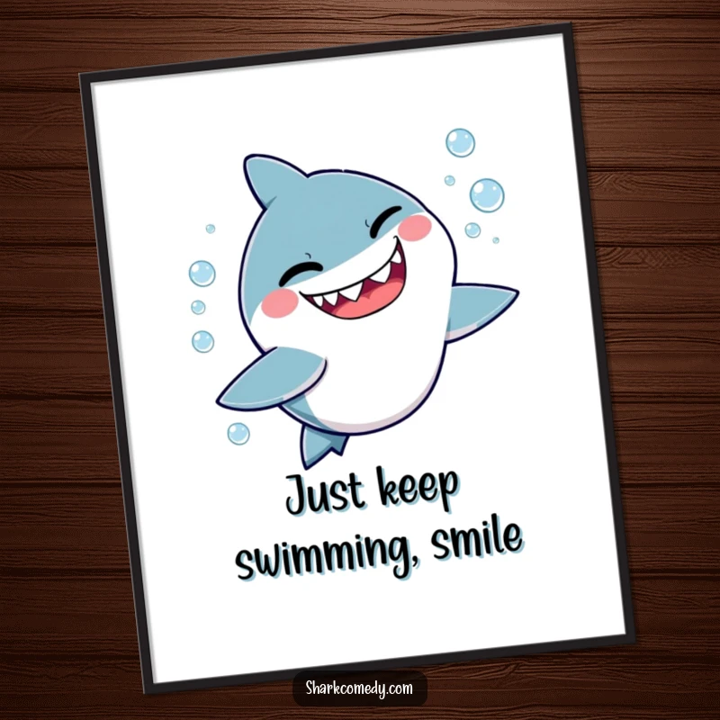 Funny free printable wall art: A mischievous kawaii shark winking playfully while chasing a trail of bubbles.