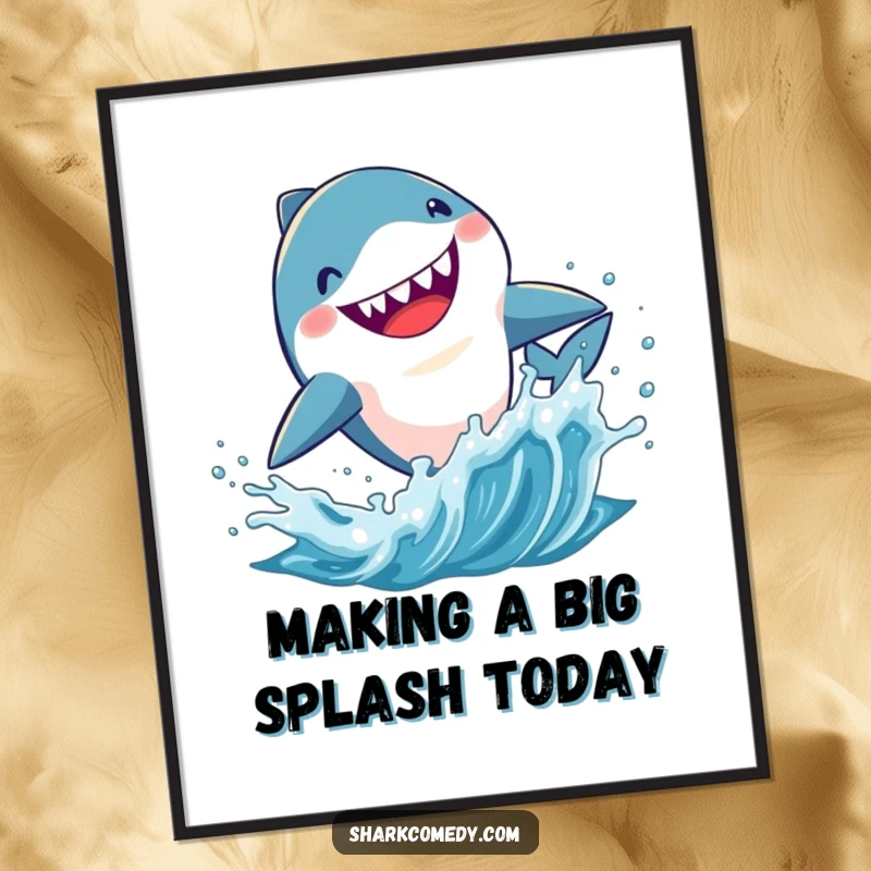 Funny Free Printable Wall Art of a kawaii shark enthusiastically leaping out of splashing water, capturing pure energy.
