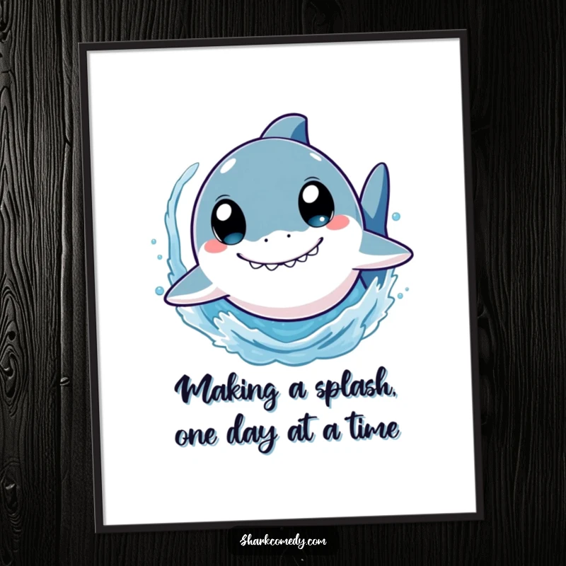 Funny Free Printable Wall Art: Cute shark with wide eyes swims fast creating a big splash, an energetic ocean illustration.
