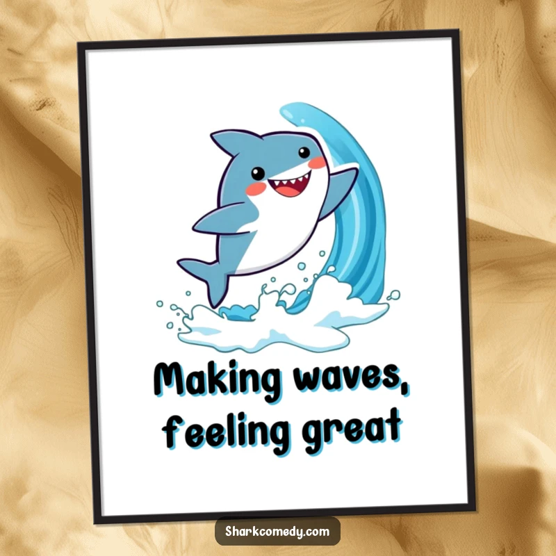Funny free printable wall art: A cheerful kawaii shark leaping energetically out of a vibrant blue wave.