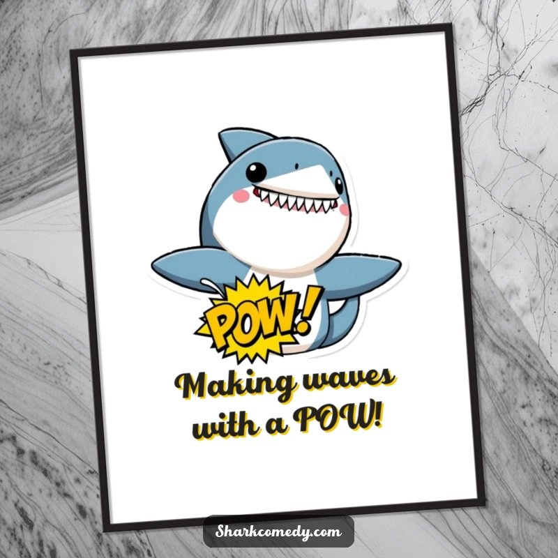 Funny Free Printable Wall Art: An excited shark character bursting with energy, holding a POW! speech bubble. Vibrant comic-style downloadable art.