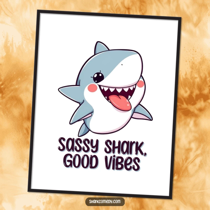 Funny Free Printable Wall Art of a kawaii shark sticking its tongue out playfully, showcasing its mischievous and adorable personality.