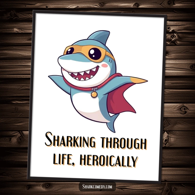 Funny Free Printable Wall Art: A shark dressed as a superhero with a dramatic cape, striking a powerful pose, downloadable decor.