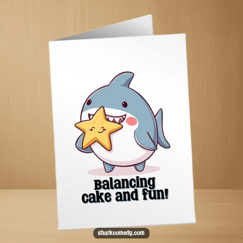 Funny Free Printable Birthday Card: A chubby shark character hilariously trying to balance a tiny, smiling starfish on its nose. Adorable and humorous.