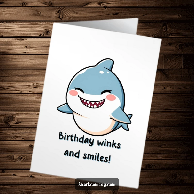 Funny Free Printable Birthday Card featuring a kawaii shark winking mischievously with a sly smile, perfect for birthdays.