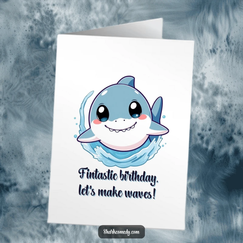 Funny Free Printable Birthday Card: Cute shark with wide eyes swims fast, splashing water, a lively downloadable greeting.