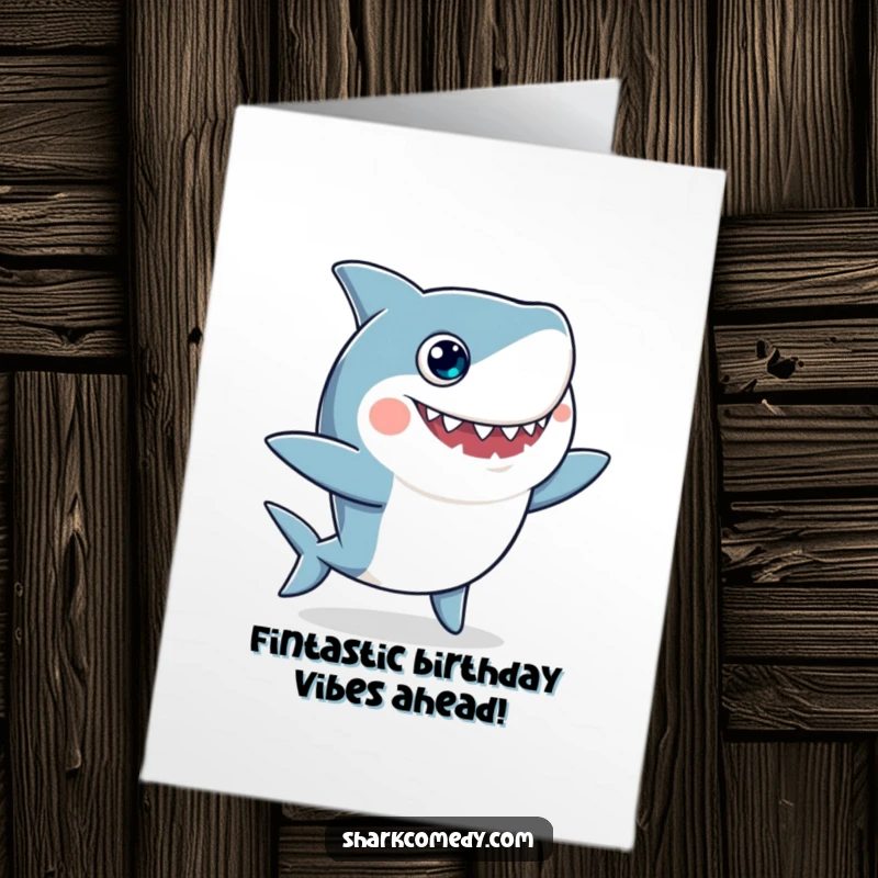 Funny Free Printable Birthday Card: Googly Eyed Shark Doing a Silly Dance with Excitement
