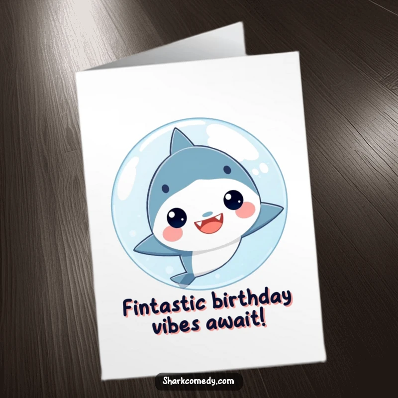Funny Free Printable Birthday Card: Kawaii shark peeking playfully from behind a giant bubble, ready to wish you a happy birthday.