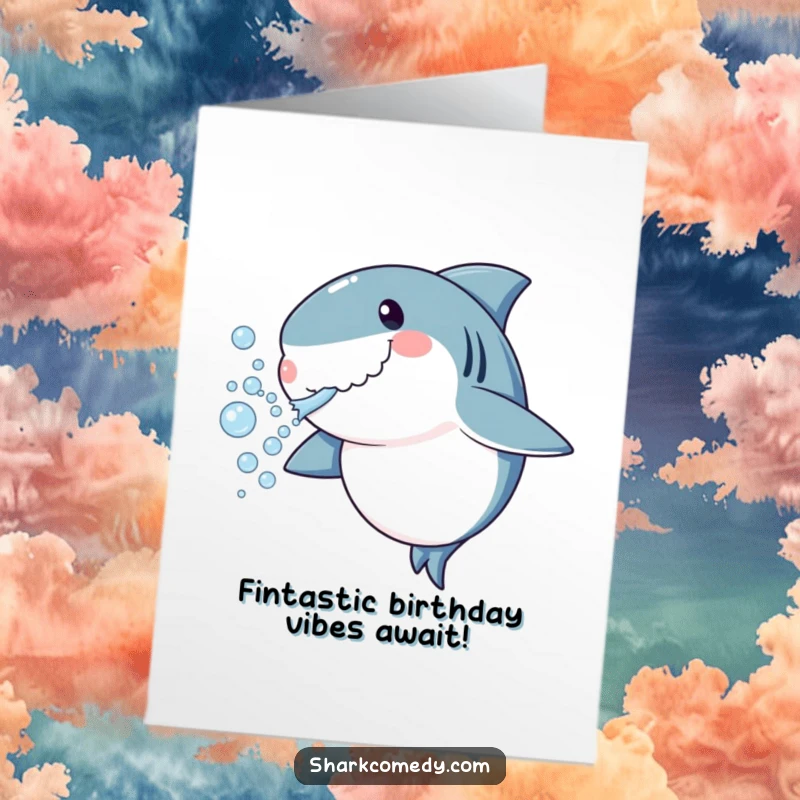 Funny Free Printable Birthday Card: A cheerful shark blowing a stream of playful bubbles, perfect for birthday wishes.