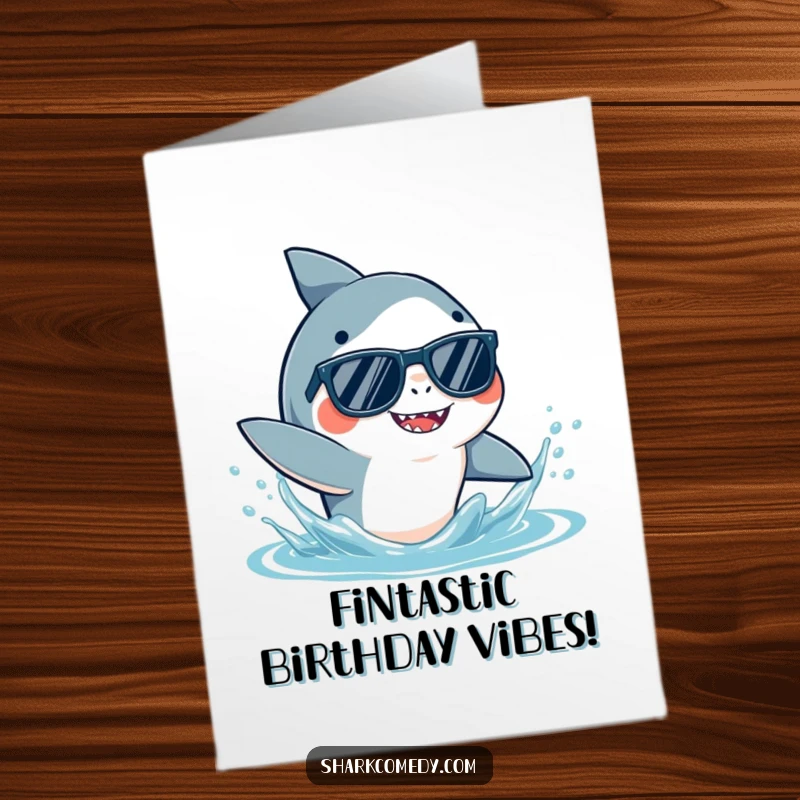 Funny Free Printable Birthday Card: Shark wearing sunglasses playfully splashing water with its fin, looking cool.