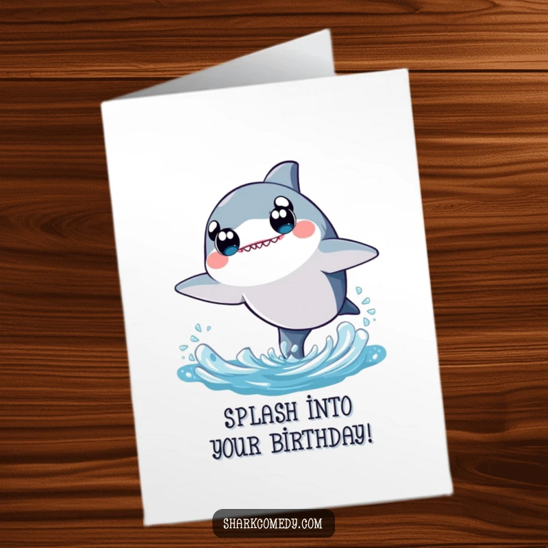 Cute Free Printable Birthday Card: A kawaii shark with big, wide eyes joyfully leaps out of blue water, spreading happiness.