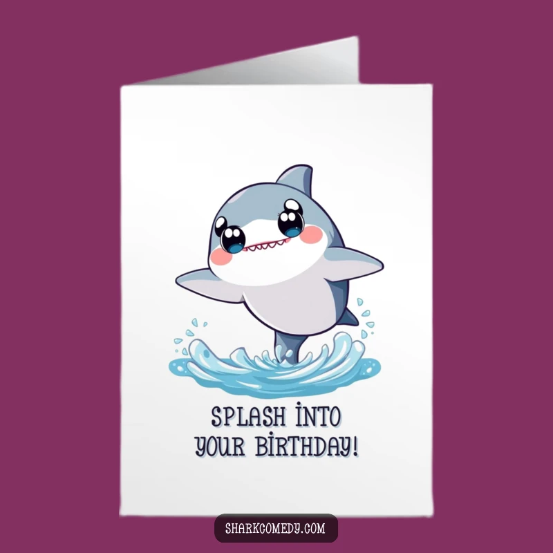 Free Printable Birthday Card: Cute Kawaii Shark Leap Downloadable Greeting for Joyful Celebrations