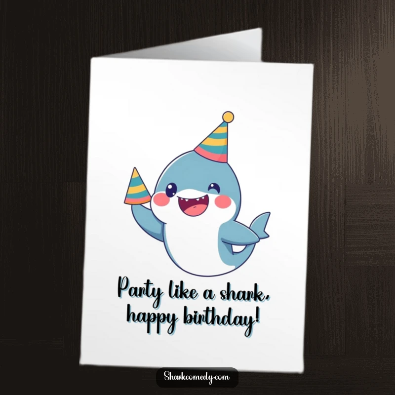 Funny Free Printable Birthday Card: An excited kawaii shark wearing a party hat, ready to celebrate.