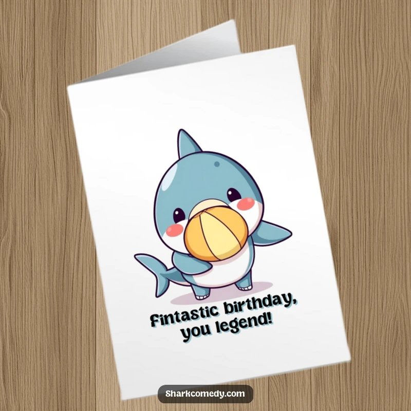Funny Free Printable Birthday Card featuring a cute kawaii shark expertly balancing a beach ball on its nose with a joyful expression.