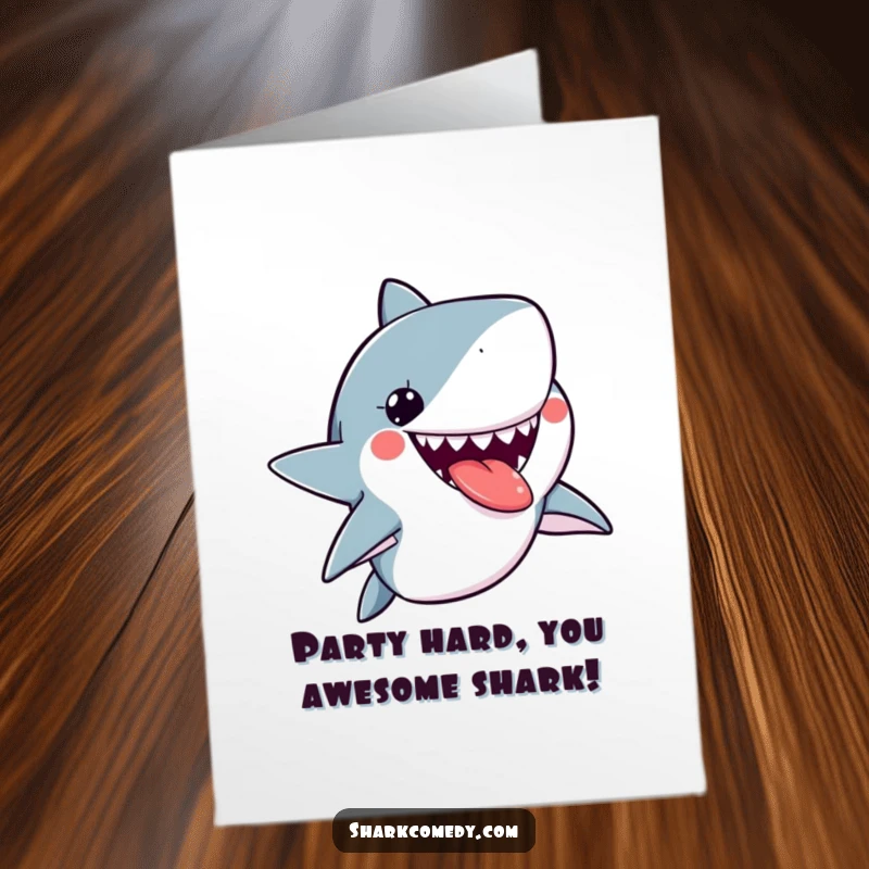 Funny Free Printable Birthday Card featuring a cute kawaii shark sticking its tongue out playfully, radiating mischievous charm and fun.