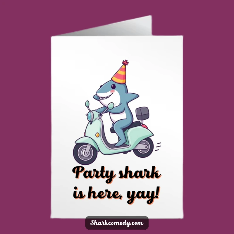 Free Printable Birthday Card: Shark on Scooter - Funny Party Hat Downloadable Gift