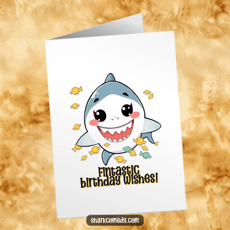 Funny Free Printable Birthday Card: A kawaii shark with a wide grin juggling tiny fish, perfect for a DIY wish.