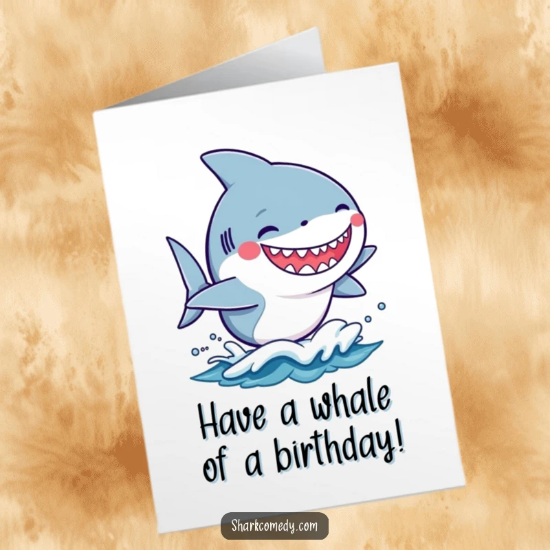 Funny Free Printable Birthday Card: A kawaii shark with a huge grin surfs a small wave, wishing a happy birthday.