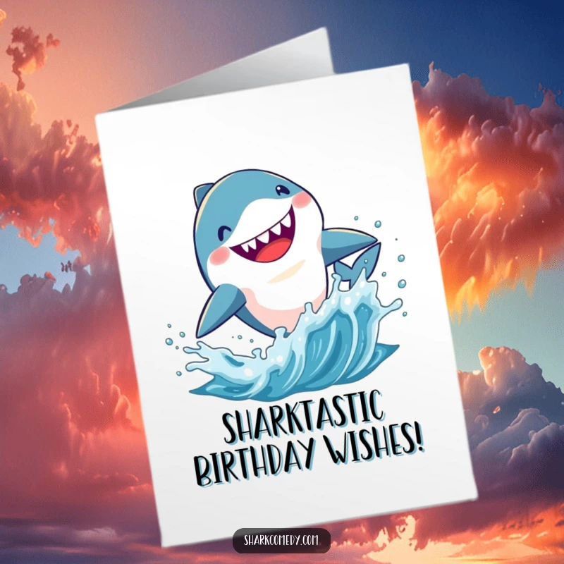 Funny Free Printable Birthday Card featuring a kawaii shark enthusiastically leaping from splashing water, ready to party.