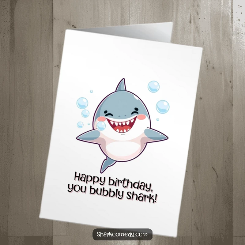 Funny Free Printable birthday card: A joyful shark happily blows a stream of bubbles, wishing a fin-tastic birthday.