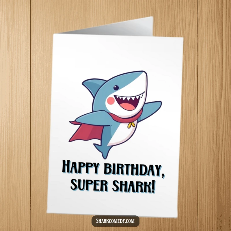 Funny Free Printable birthday card: A happy shark with a flowing cape soars through the sky with pure joy, celebrating a birthday.
