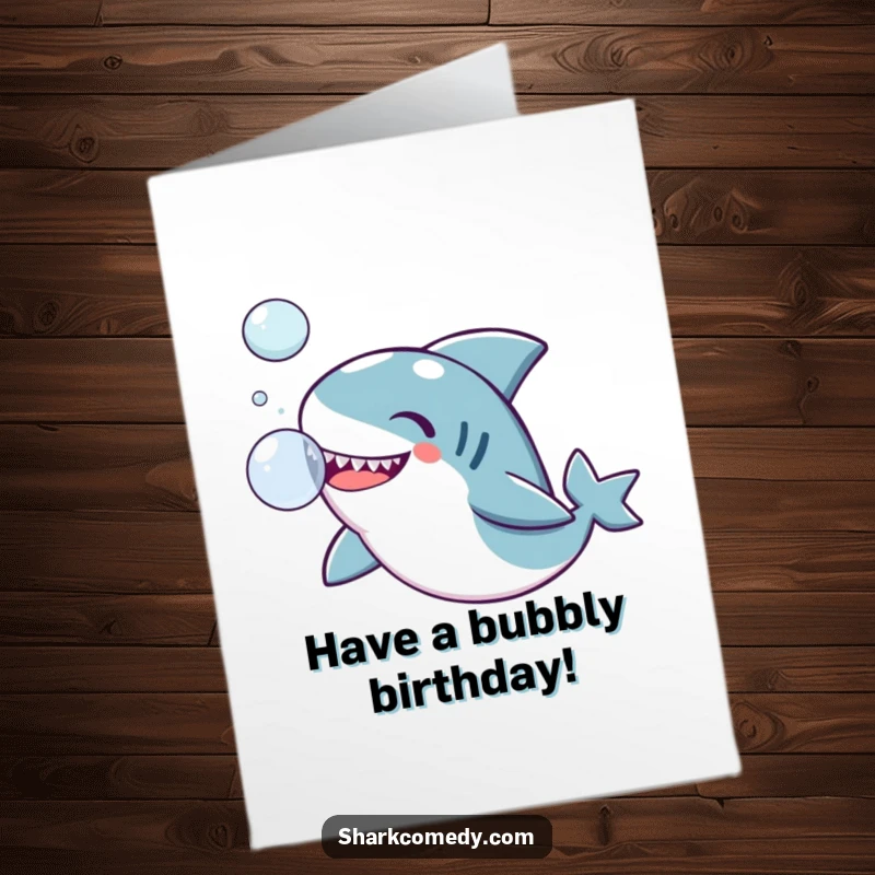 Funny Free Printable Birthday Card featuring a kawaii shark joyfully playing with a shimmering bubble, spreading cheer.