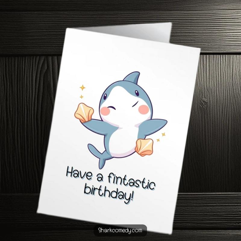 Funny Free Printable Birthday Card: A cool shark winks while expertly juggling three shiny seashells, bringing oceanic birthday cheer.