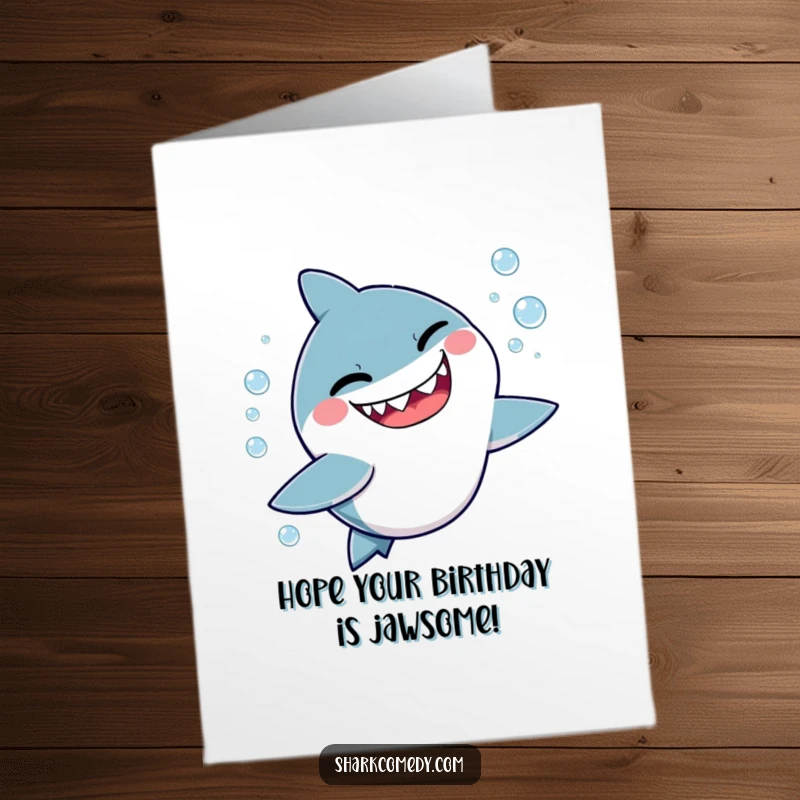 Funny free printable birthday card: A kawaii shark winking mischievously while playfully chasing iridescent bubbles.