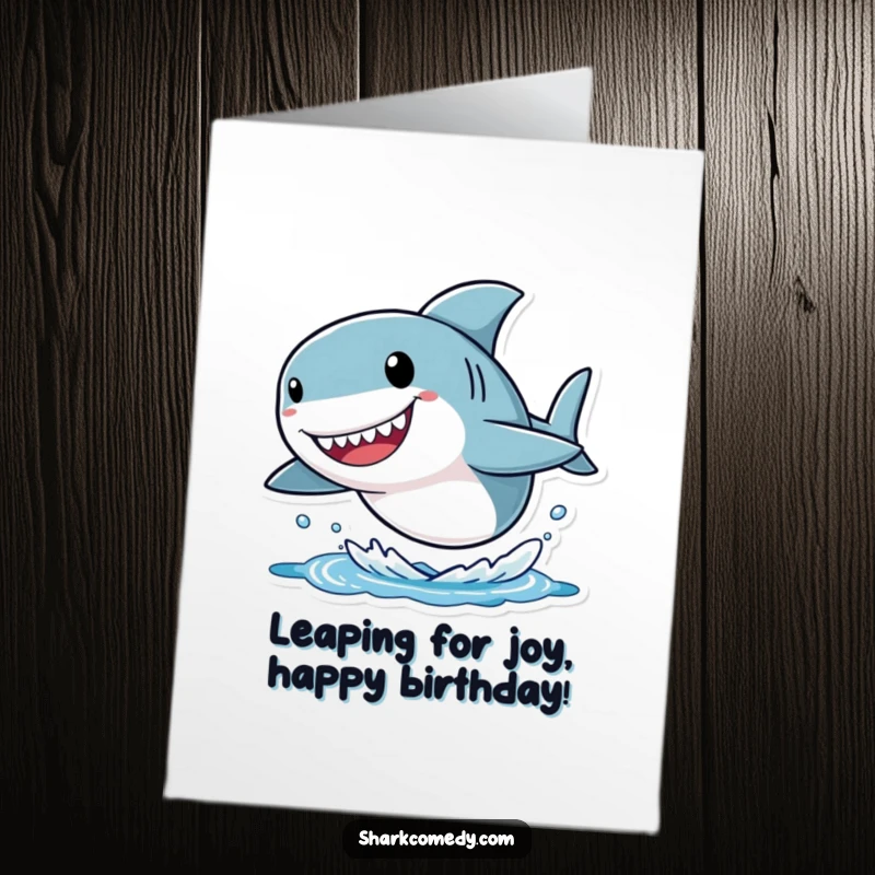 Funny Free Printable Birthday Card: Small shark with oversized head leaps joyfully from water, a celebratory downloadable.