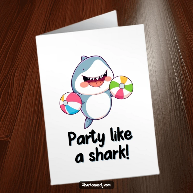 Funny Free Printable Birthday Card featuring a smiling shark effortlessly juggling three brightly colored beach balls.