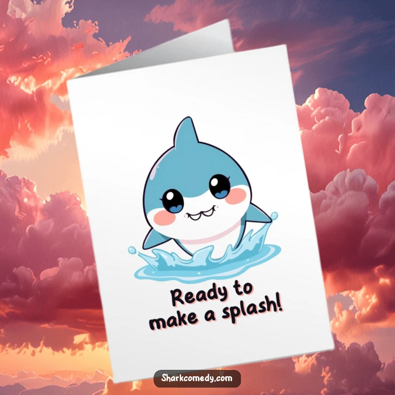 Funny Free Printable Birthday Card: Adorable Kawaii shark with huge eyes, about to make a big splash, bringing birthday cheer.
