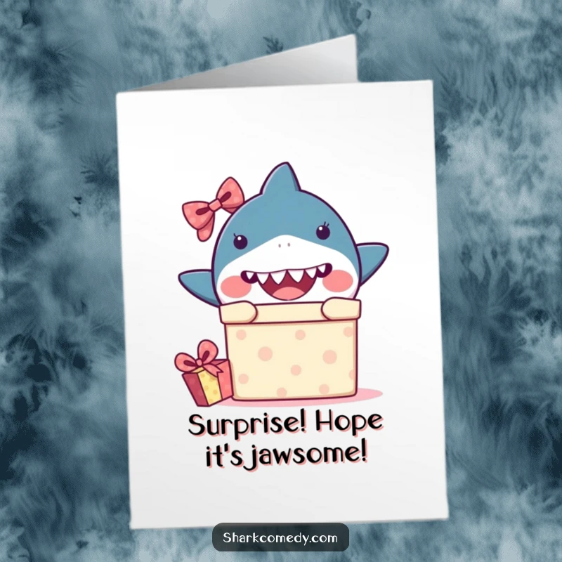 Funny Free Printable Birthday Card: Cute kawaii shark peeking with wide eyes from a gift box, full of birthday surprise.