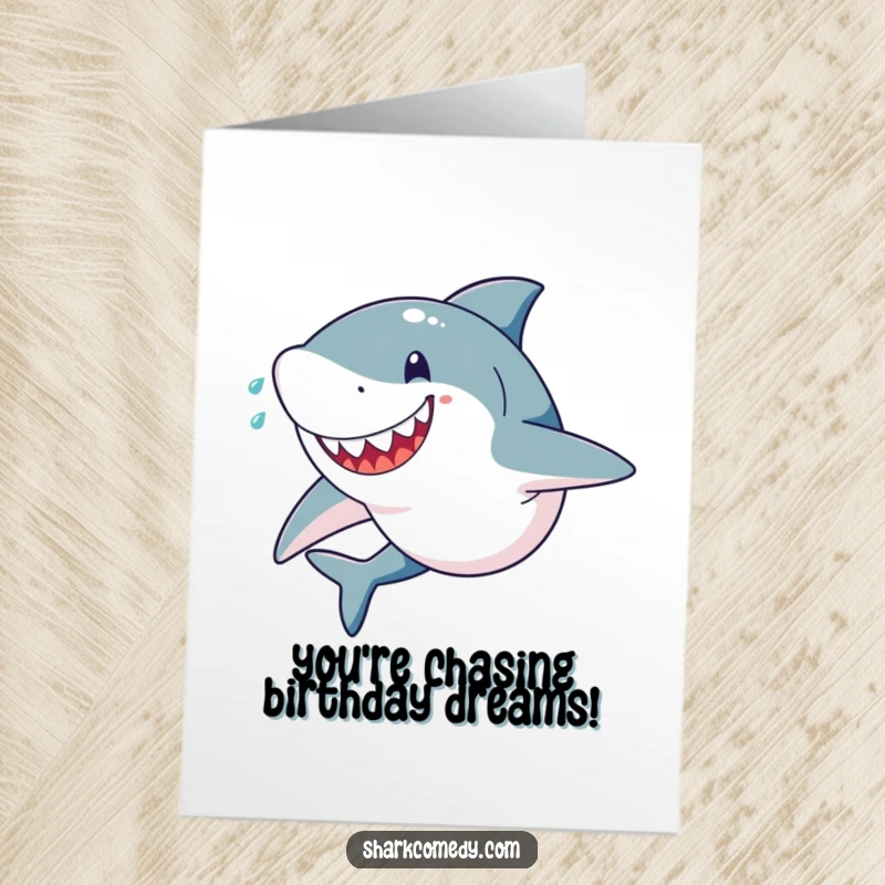 Funny Free Printable Birthday Card of a shark sprinting fast with sweat drops flying, showing a determined, happy look.
