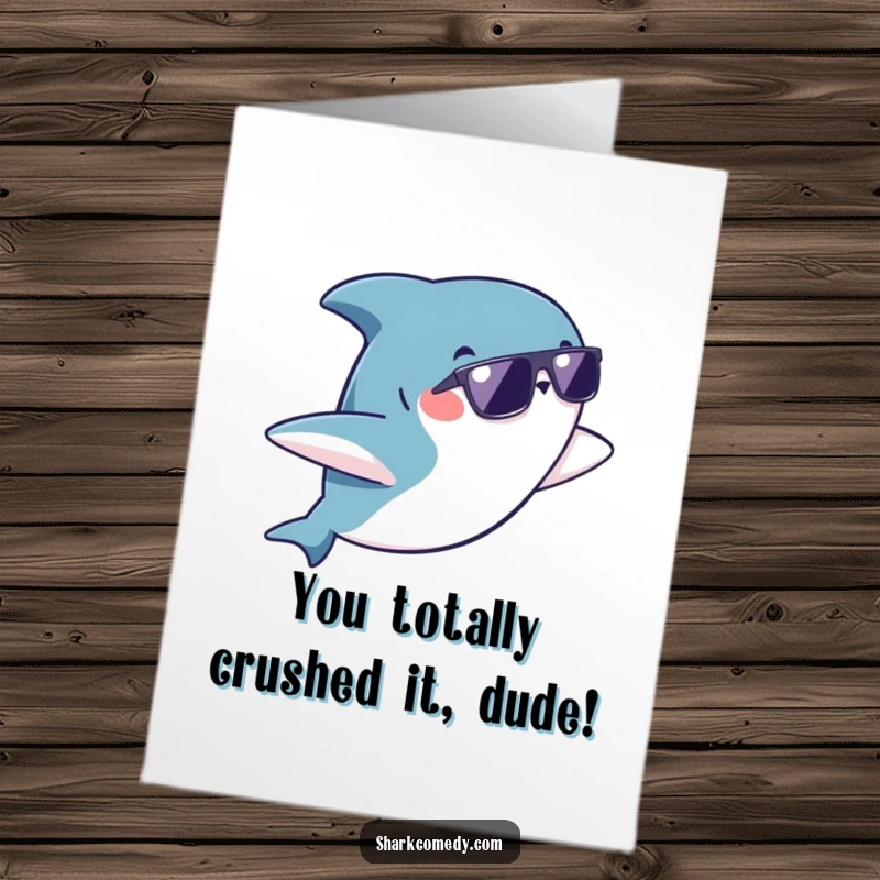 Funny free printable congratulations card: a kawaii shark in sunglasses flips playfully.