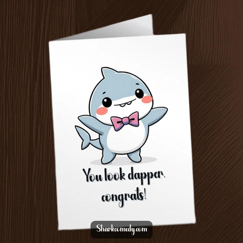Funny Free Printable Congratulations Card: Adorable kawaii shark wearing a bow tie, enthusiastically doing a happy dance.