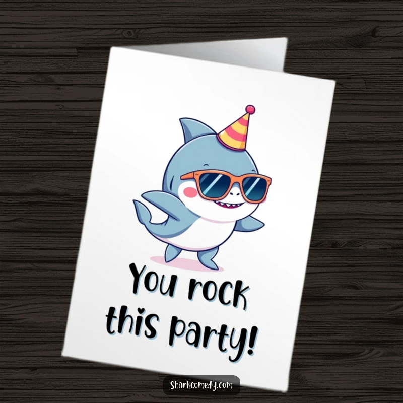 Funny Free Printable Congratulations Card: Shark wearing sunglasses and a party hat, dancing with pure joy to celebrate a fantastic achievement.