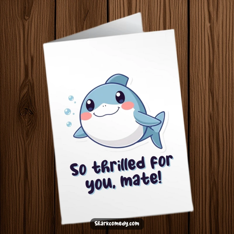 Funny Free Printable Congratulations Card: A happy round shark with big, excited eyes swimming joyfully, leaving a trail of bubbles, DIY gift.