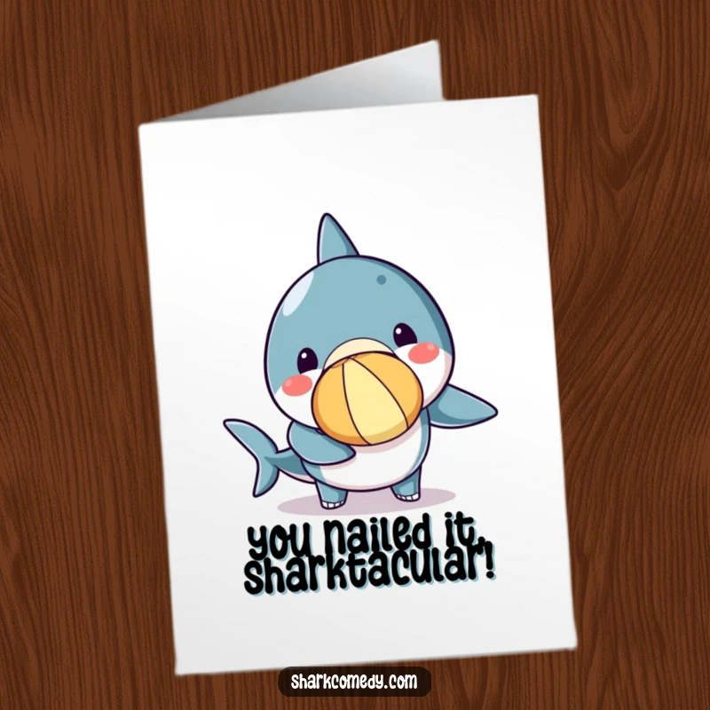 Funny Free Printable Congratulations Card showing a kawaii shark happily balancing a beach ball, perfect for celebrating achievements with humor.