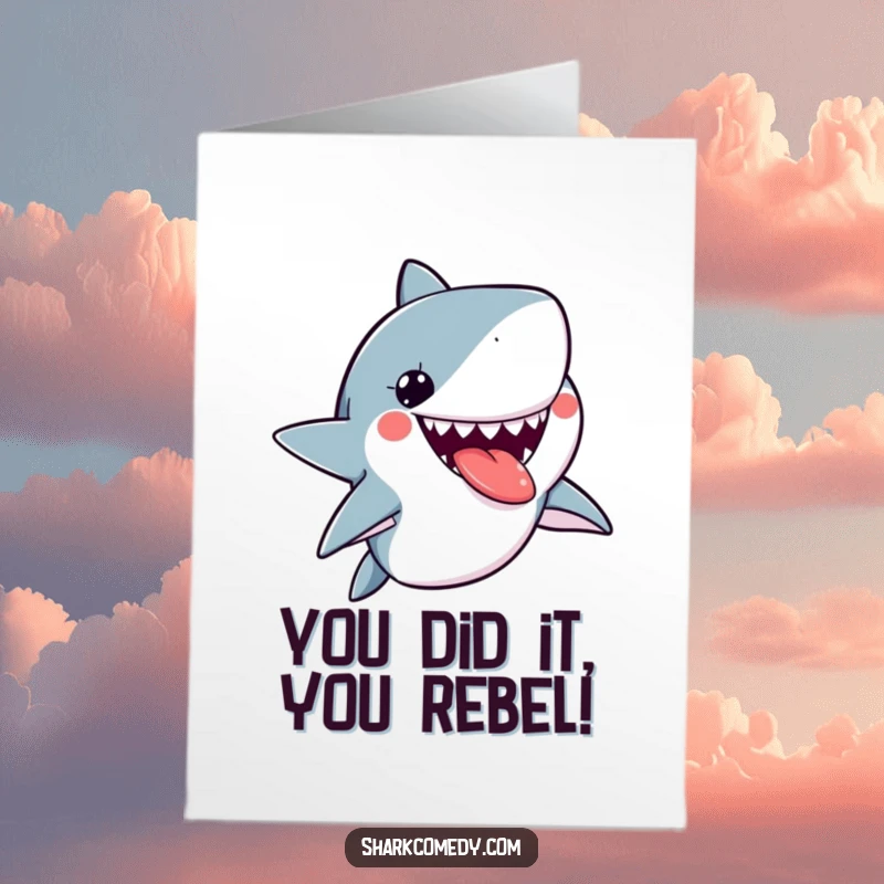 Funny Free Printable Congratulations Card depicting a kawaii shark sticking its tongue out in a playful, celebratory manner, perfect for any achievement.