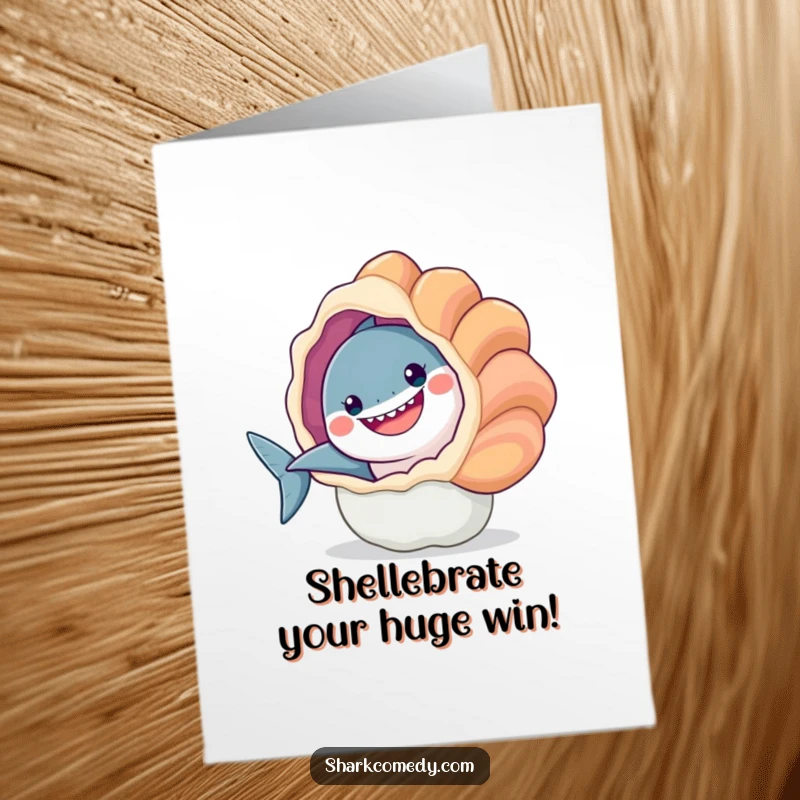 Funny Free Printable congratulations card: a happy shark grins as it peeks out from behind a giant, vibrant seashell.