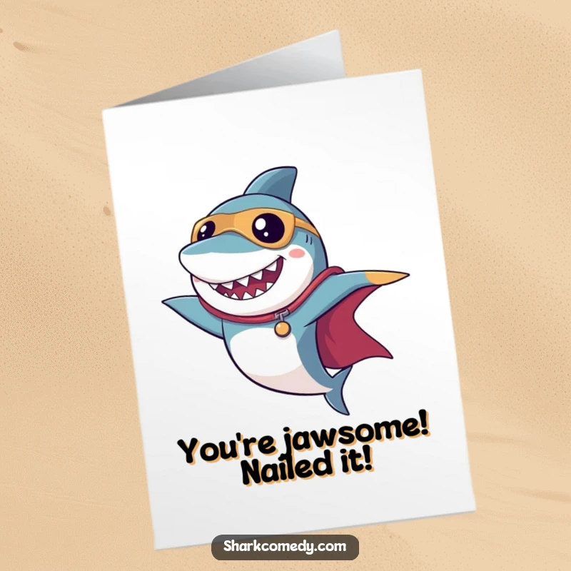 Funny Free Printable Congratulations Card: Adorable shark in a superhero pose with a cape, celebrating an epic win, print at home.