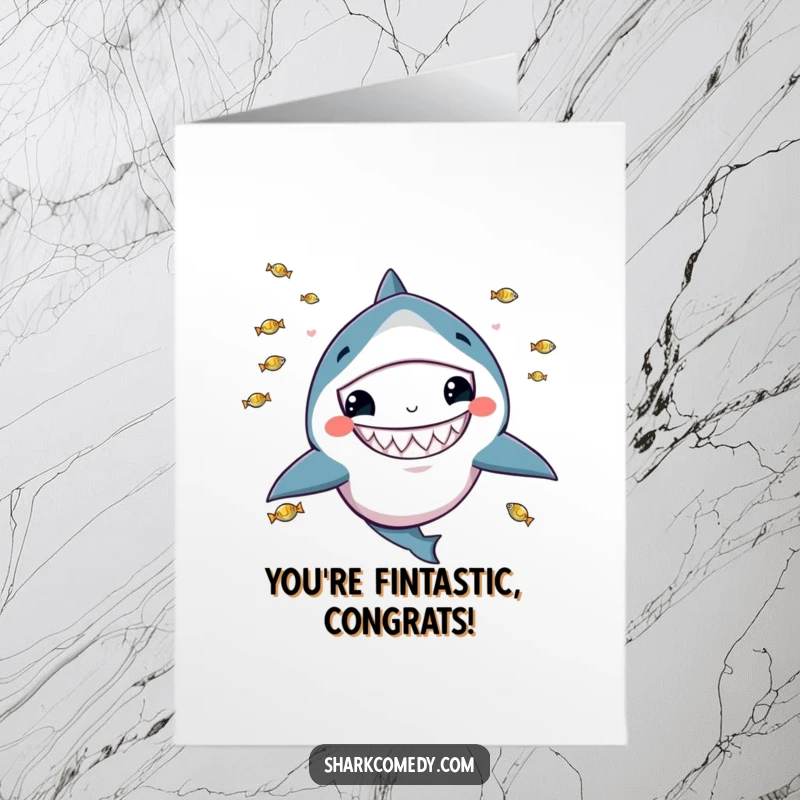 Funny Free Printable Congratulations Card: Kawaii shark with a wide grin, juggling fish to celebrate a grand accomplishment.