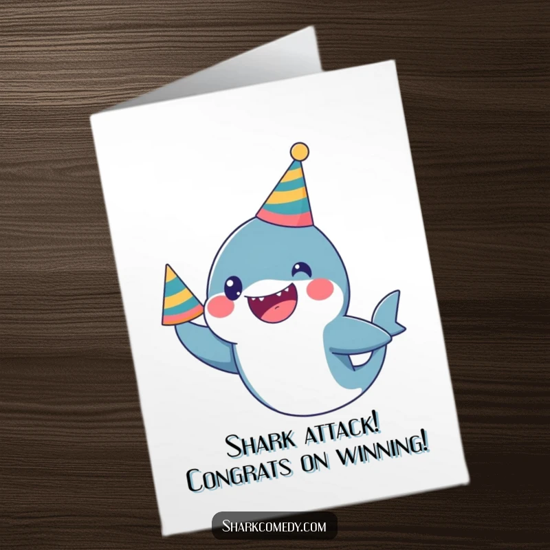 Funny Free Printable Congratulations Card: A super excited kawaii shark wearing a party hat, ready to cheer.