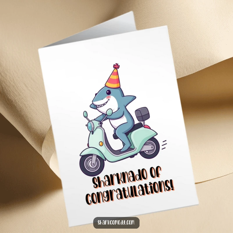 Funny Free Printable Congratulations Card: A shark wearing a party hat zooms on a scooter, celebrating success with humor.